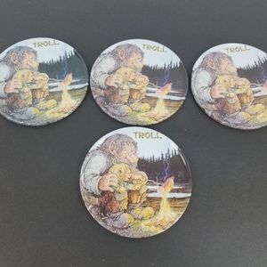 - 4 tin troll coasters Cork bottoms with box